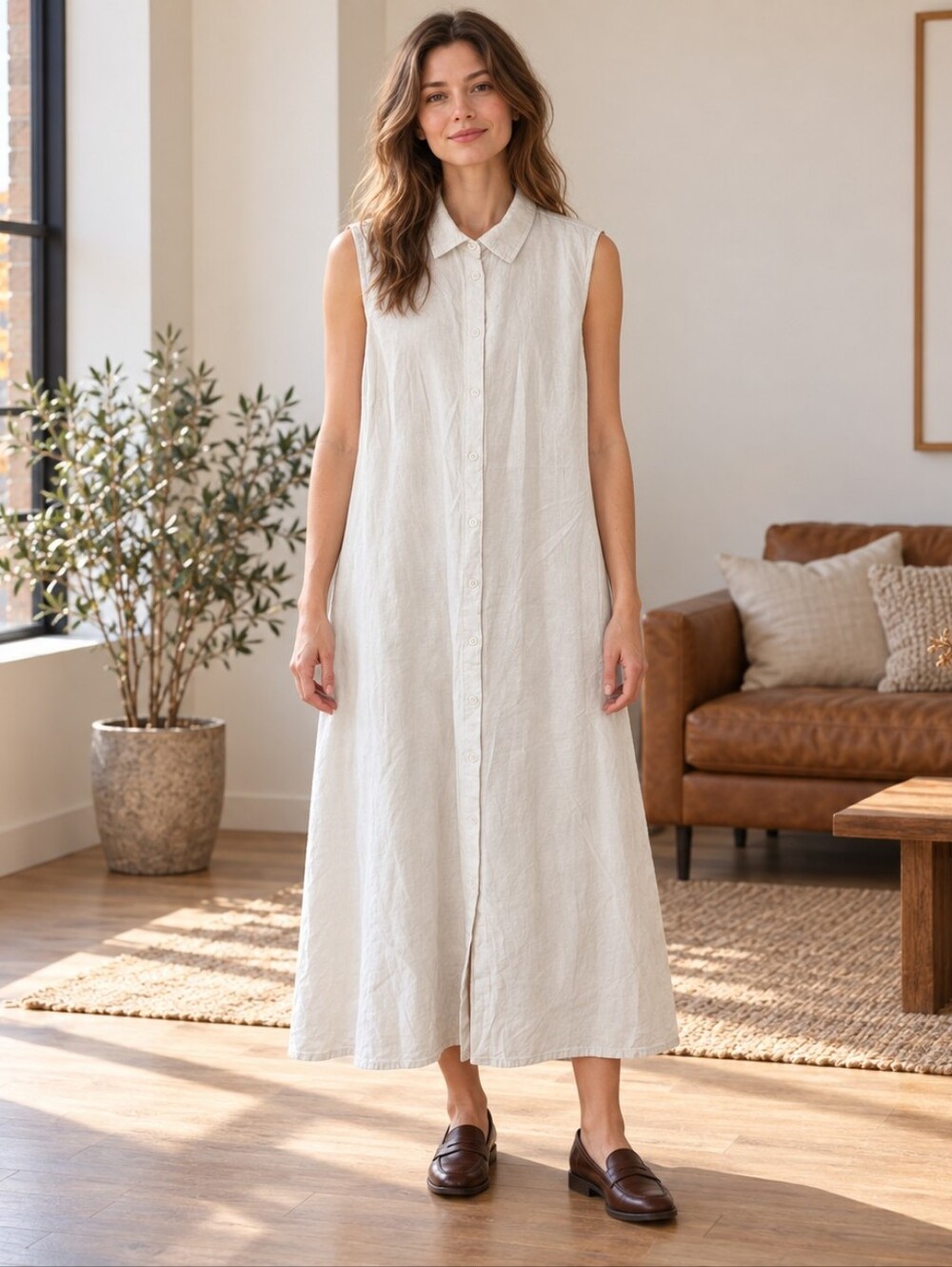 Linen Off-White Sleeveless Button-Front Maxi Shirt Dress 100% Linen *No Tag